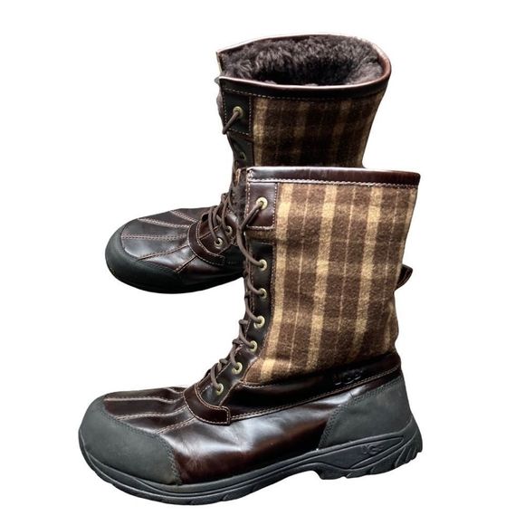 Ugg Australia leather butte shearling lined brown wool plaid snow boots - Picture 4 of 13